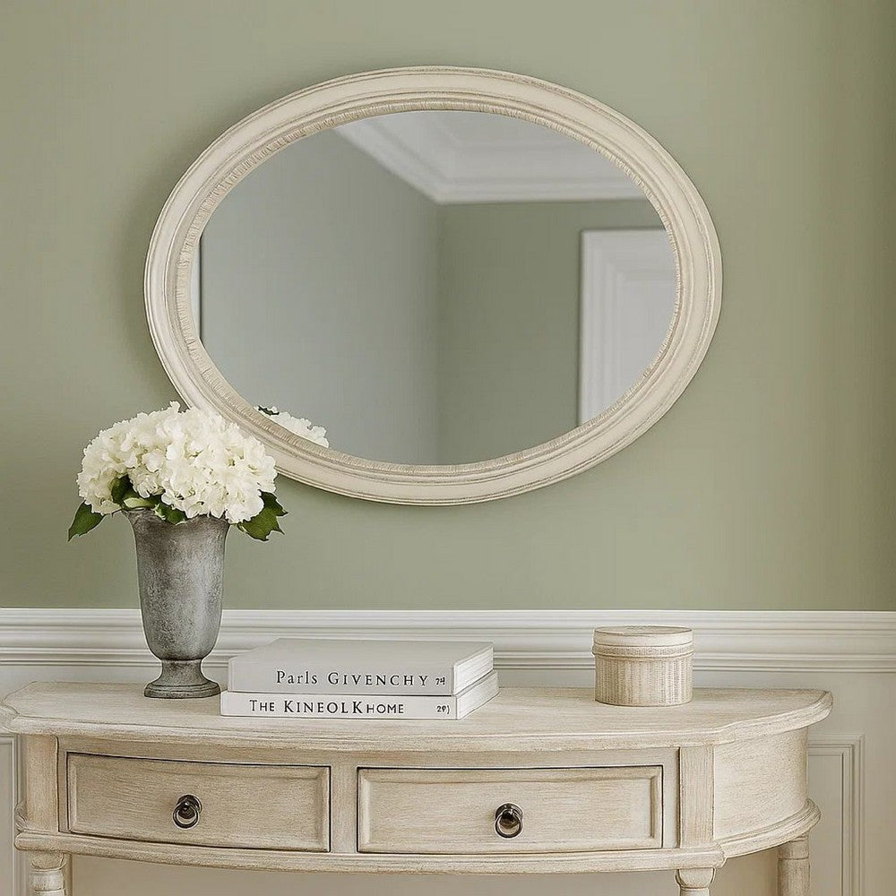 Oval Shaped Wooden Mirror with Molded Details, Antique White