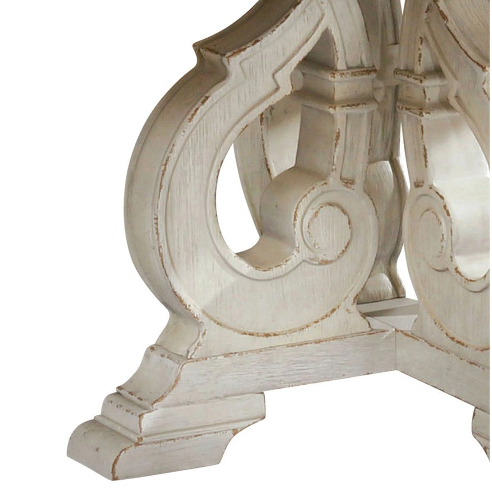 Dining Table 60 Inch Round Brown Top Carved Pedestal Base White BM235433