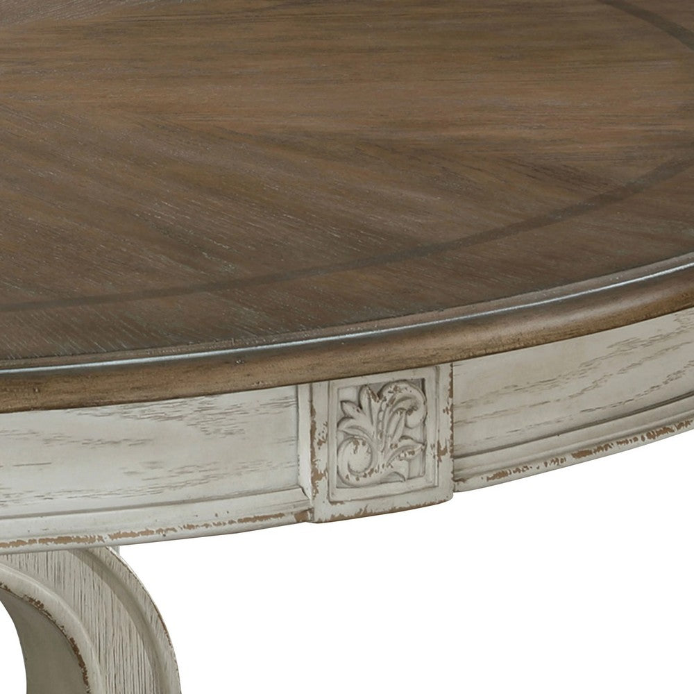 Ace Dining Table | 60 Inch Round Brown Top | Carved Pedestal Base | Antique White