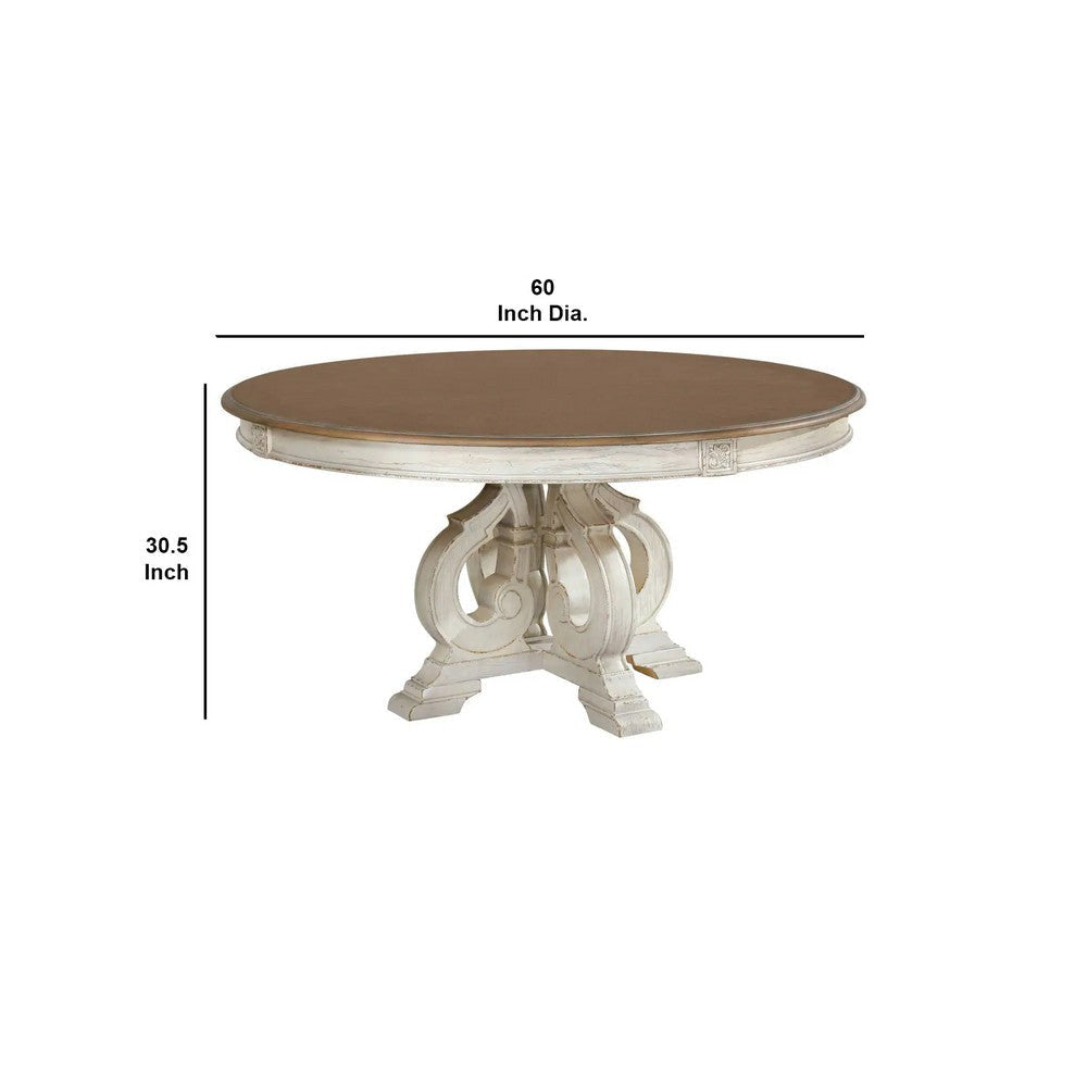 Dual Tone Round Wooden Dining Table with Pedestal Base Antique White By Casagear Home BM235433