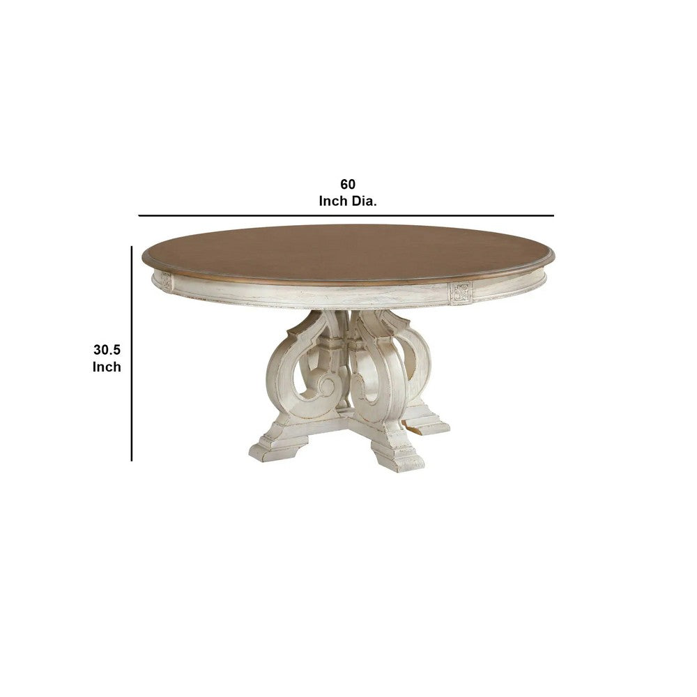Ace Dining Table | 60 Inch Round Brown Top | Carved Pedestal Base | Antique White