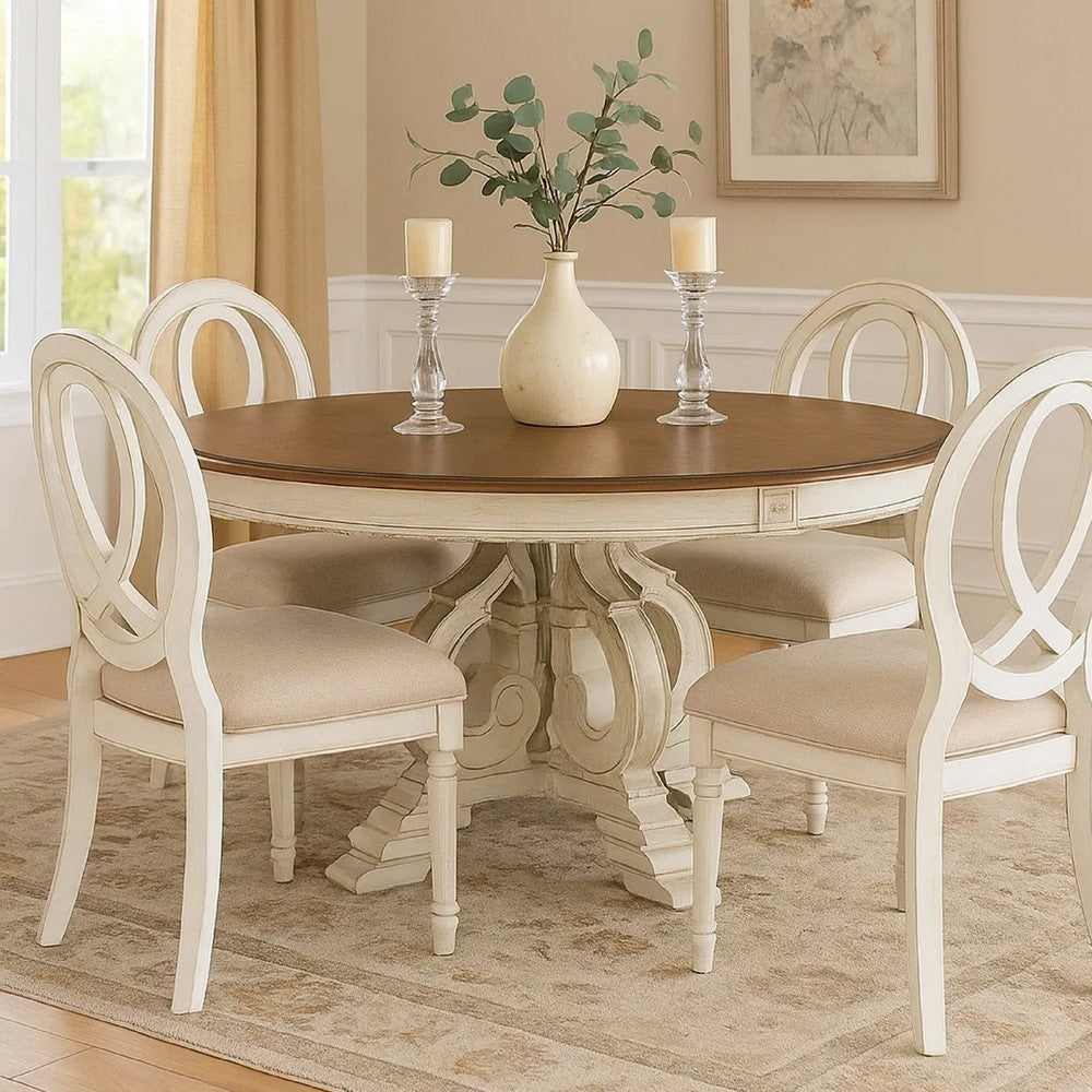 Dining Table, 60 Inch Round Brown Top, Carved Pedestal Base, White