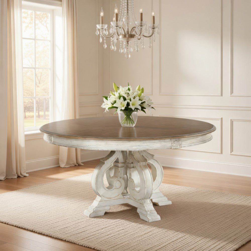 Ace Dining Table | 60 Inch Round Brown Top | Carved Pedestal Base | Antique White