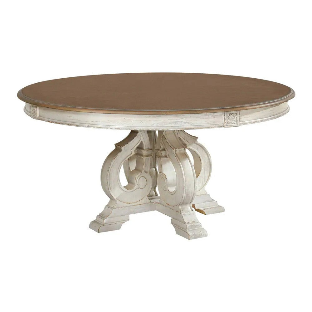 Dining Table 60 Inch Round Brown Top Carved Pedestal Base White BM235433