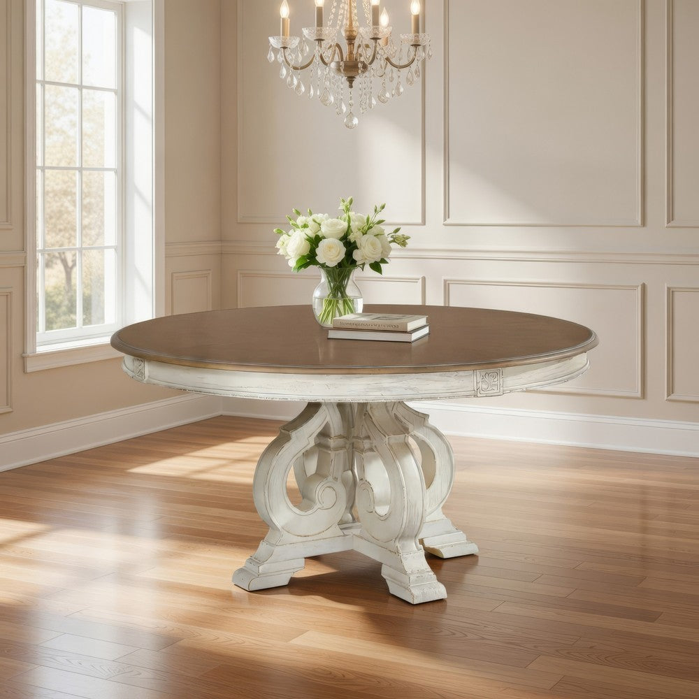 Ace Dining Table | 60 Inch Round Brown Top | Carved Pedestal Base | Antique White