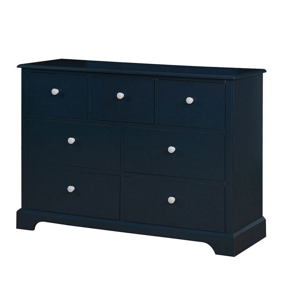 Transitional 7 Drawer Wooden Dresser with Knob Pulls, Blue By Casagear Home