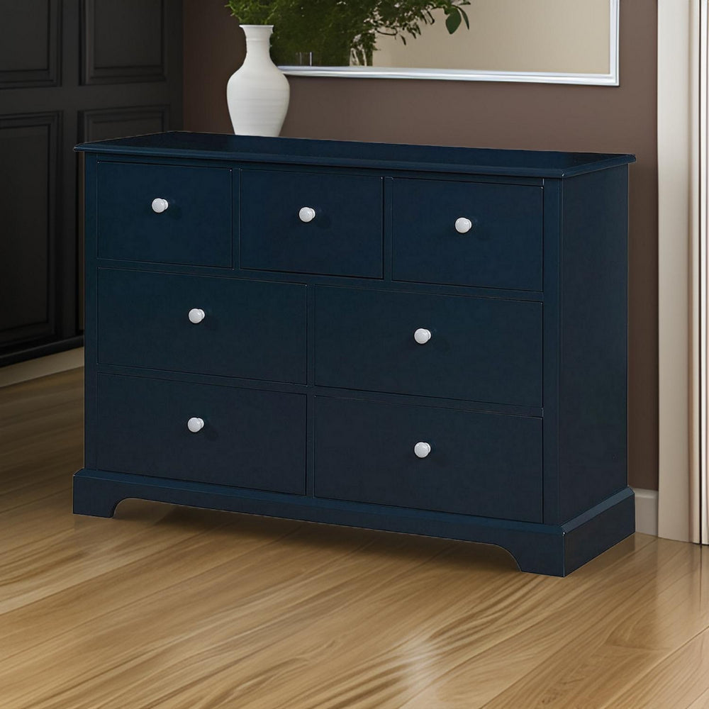 Transitional 7 Drawer Wooden Dresser with Knob Pulls Blue By Casagear Home BM235451