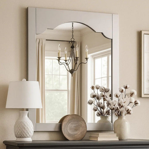Wooden Encasing Mirror with Arched Design Top, Gray