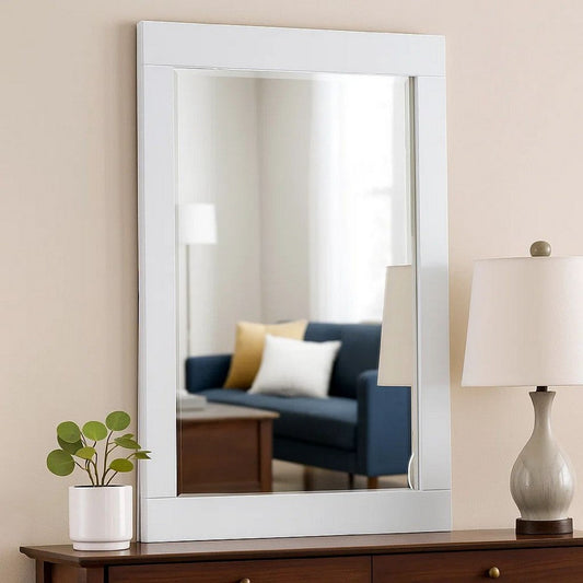 27 Inch Contemporary Wooden Frame Rectangular Mirror, White