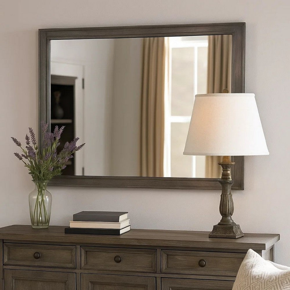 38 Transitional Style Square Wooden Frame Mirror, Gray