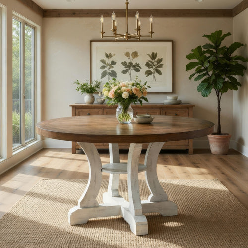 Dual Tone Round Top Dining Table with Pedestal Base, Brown and White