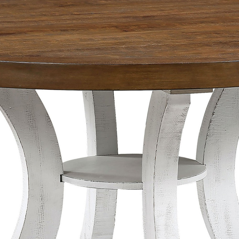 Dual Tone Round Top Dining Table with Pedestal Base, Brown and White