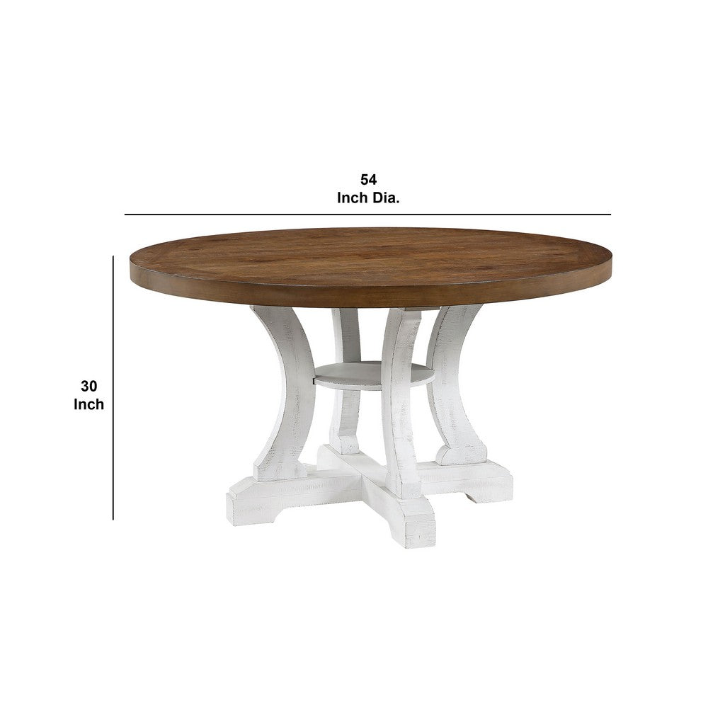 Dual Tone Round Top Dining Table with Pedestal Base, Brown and White