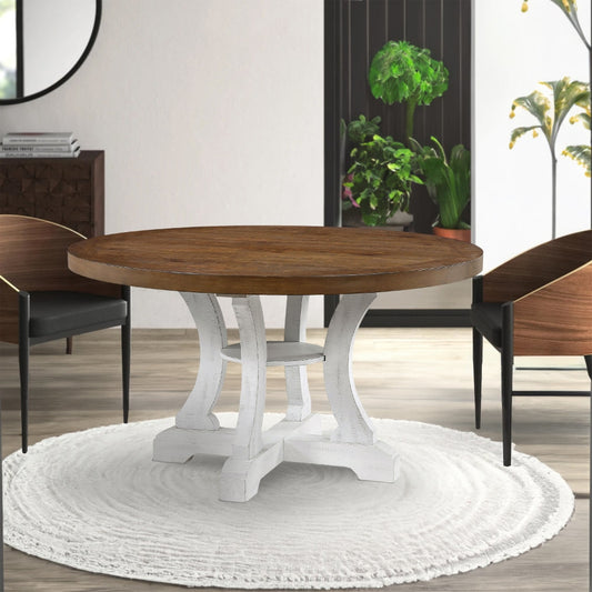 Dual Tone Round Top Dining Table with Pedestal Base, Brown and White By Casagear Home