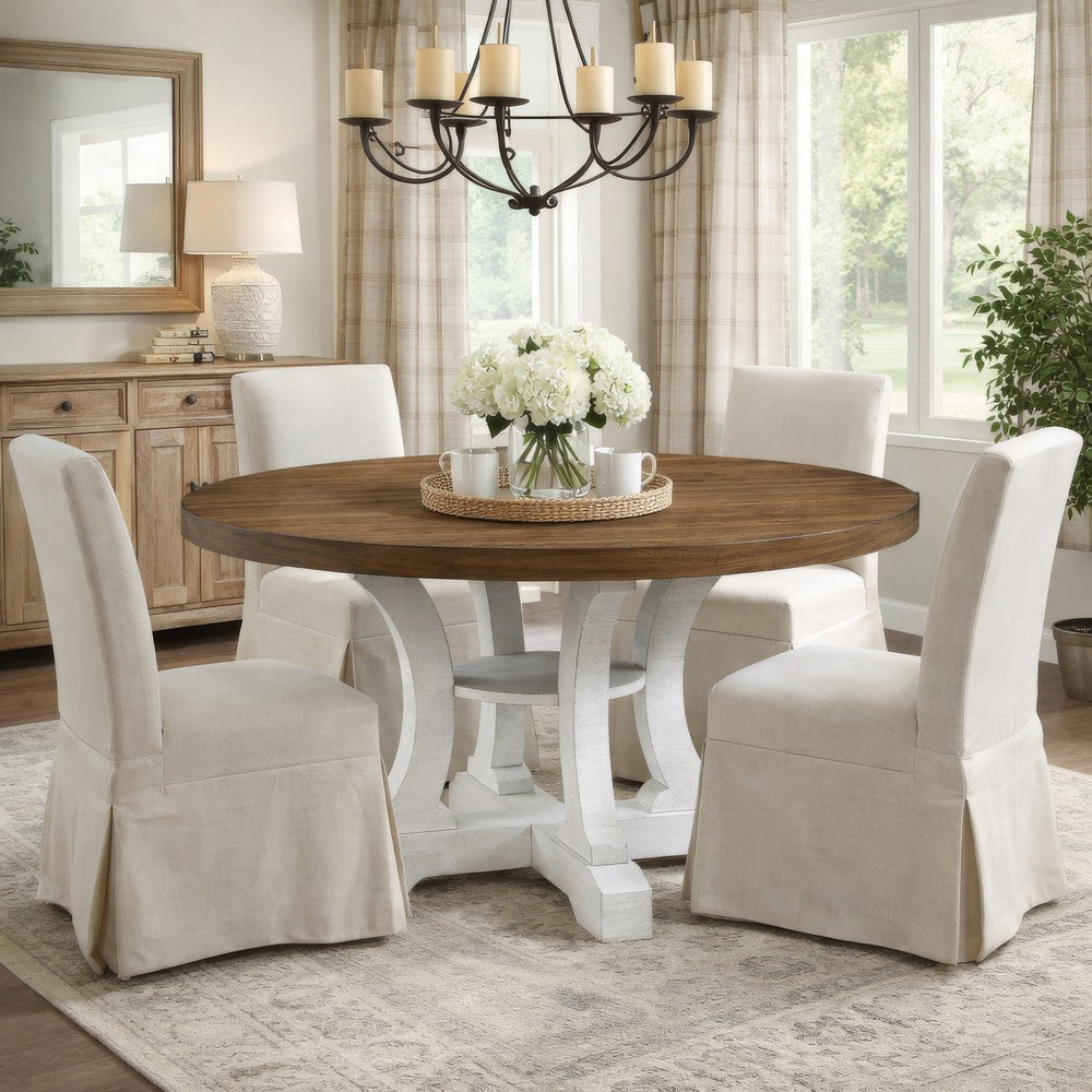 Dual Tone Round Top Dining Table with Pedestal Base, Brown and White