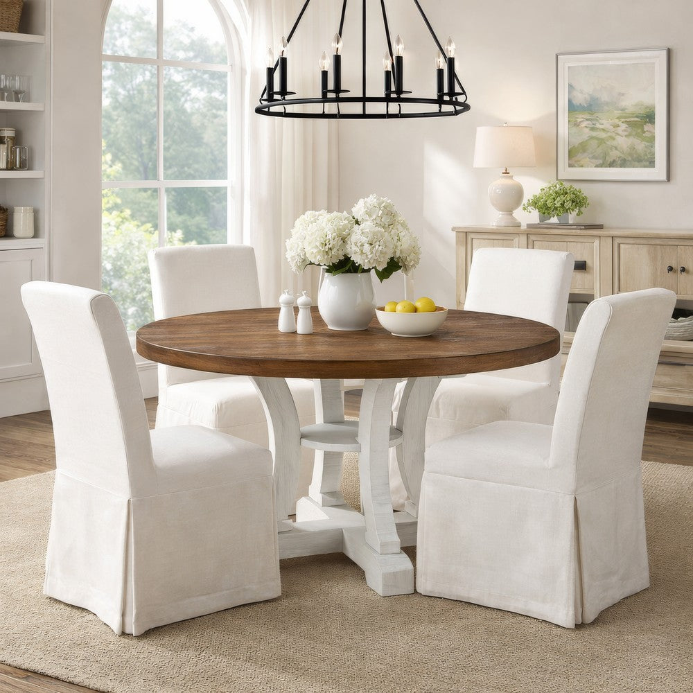 Dual Tone Round Top Dining Table with Pedestal Base, Brown and White