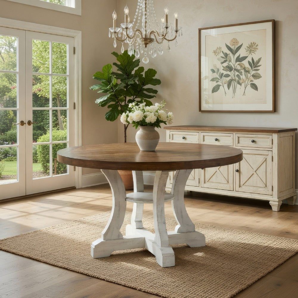 Dual Tone Round Top Dining Table with Pedestal Base, Brown and White