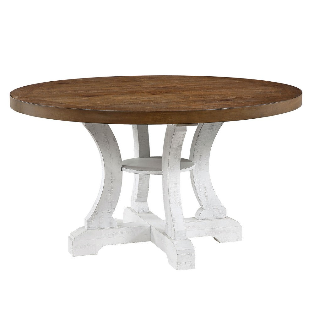 Dual Tone Round Top Dining Table with Pedestal Base, Brown and White