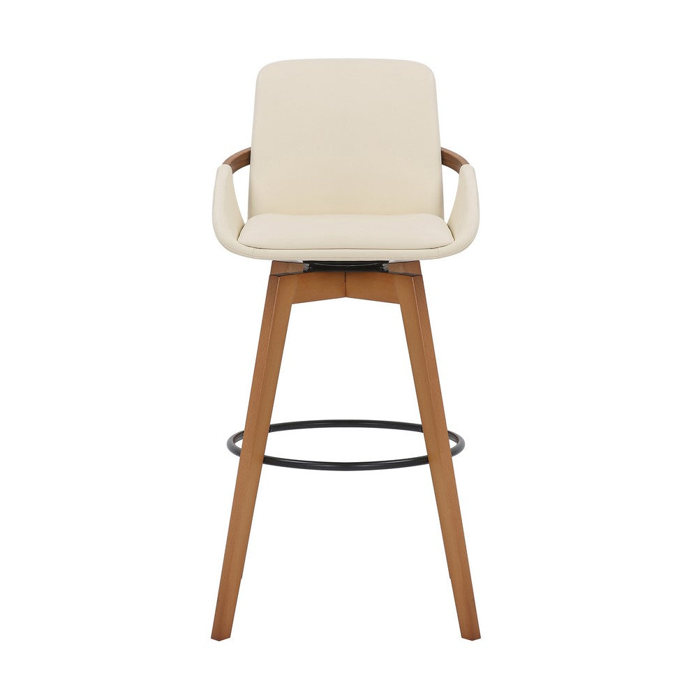 30 Inch Leatherette Swivel Barstool Cream and Walnut By Casagear Home BM236356