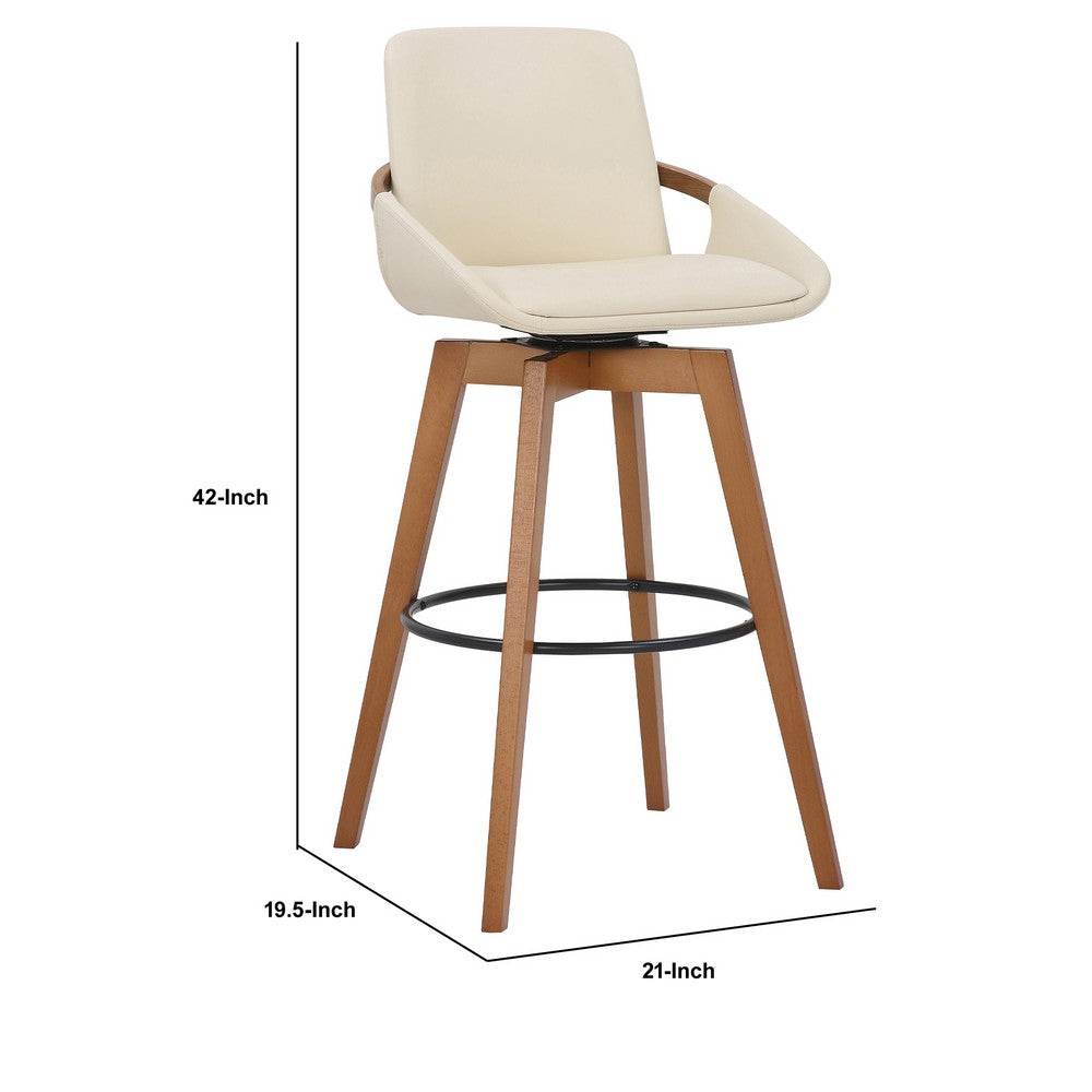 30 Inch Leatherette Swivel Barstool, Cream and Walnut By Casagear Home