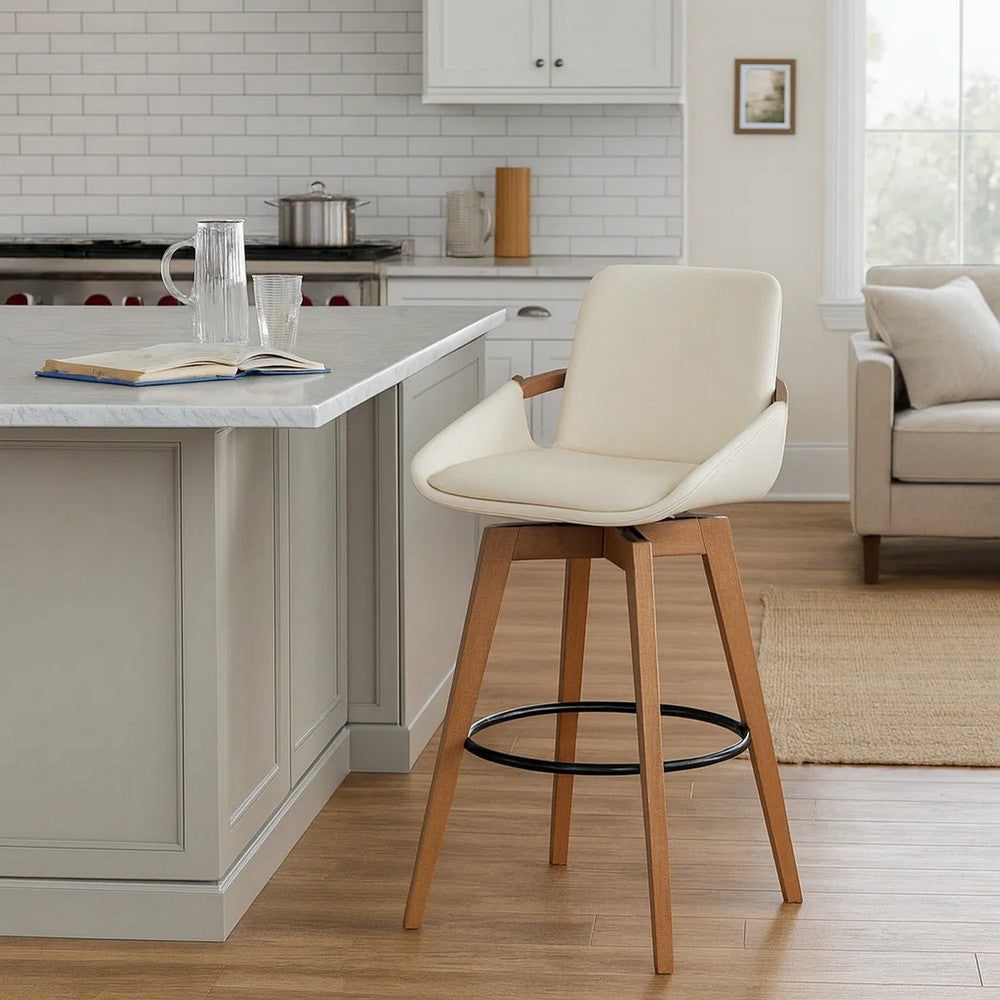 Barstool | Faux Leather Swivel | 30" | Cream & Walnut