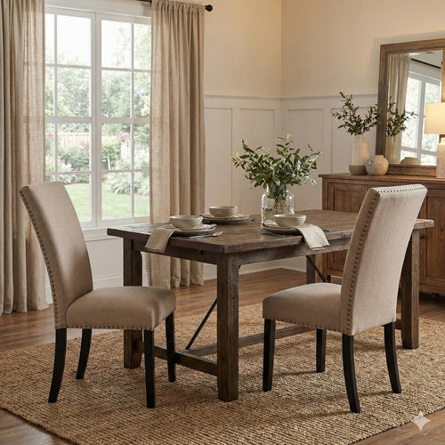 Side Chairs | Wood | Nailhead Trim | Set of 2 | Beige & Black