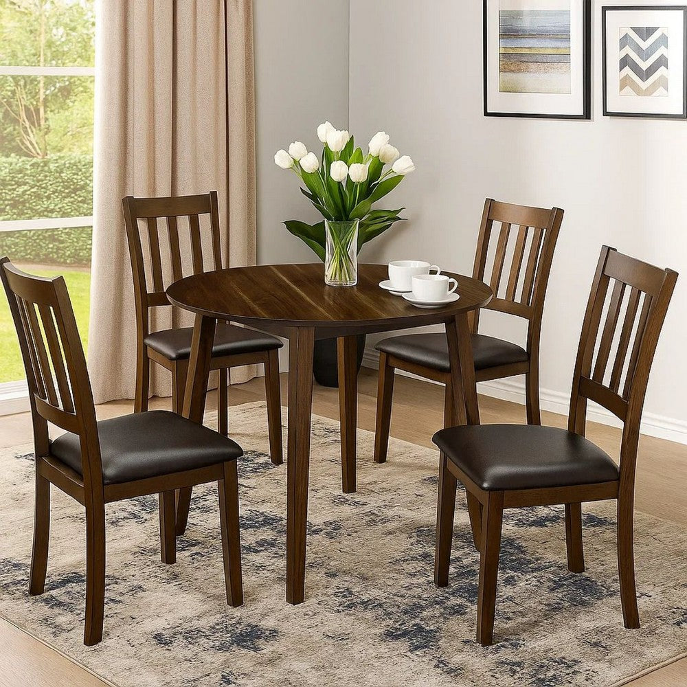 5 Piece Dining Set with Wood Table and Ladder Back Chairs | Brown