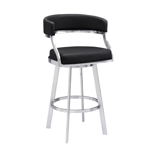Barstool | 26" | Faux Leather Swivel | Curved Seat | Silver & Black