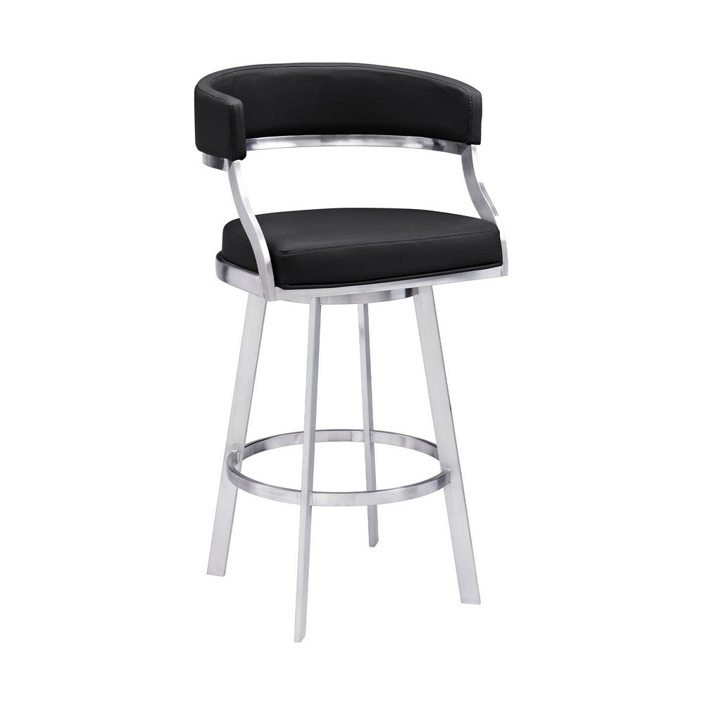 Barstool | 26" | Faux Leather Swivel | Curved Seat | Silver & Black