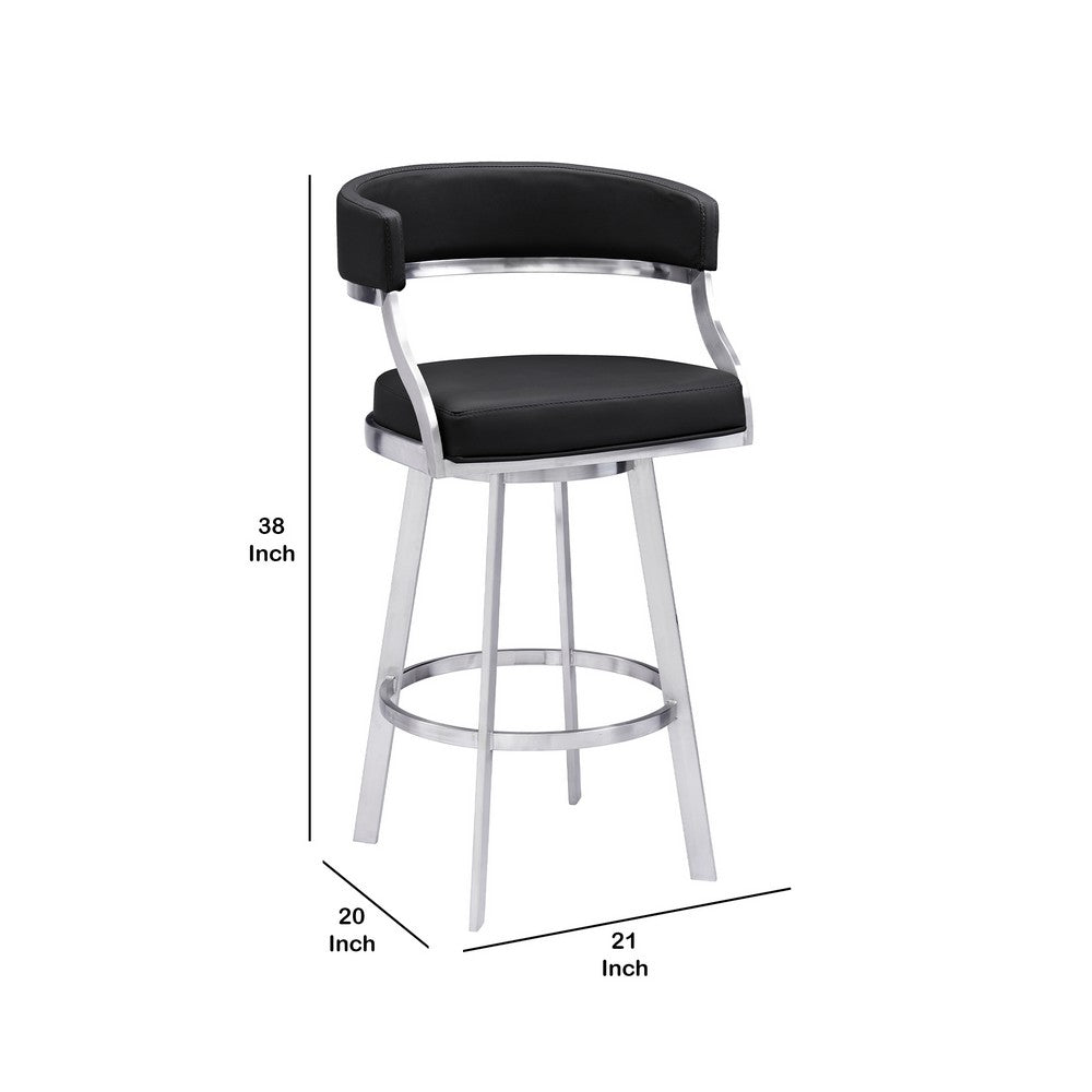 26 Inch Curved Seat Leatherette Swivel Barstool, Silver and Black By Casagear Home