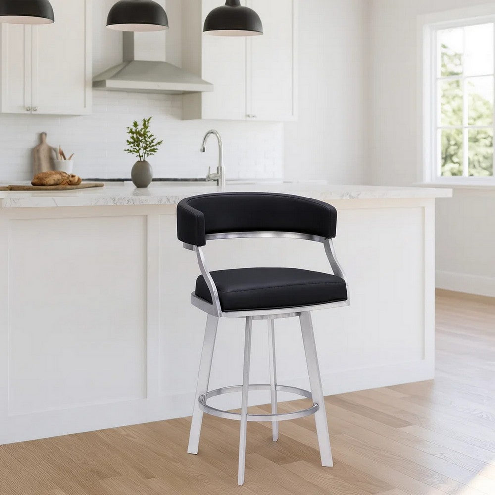 Barstool | 26" | Faux Leather Swivel | Curved Seat | Silver & Black
