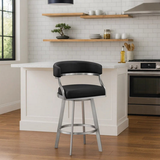 Barstool | 26" | Faux Leather Swivel | Curved Seat | Silver & Black