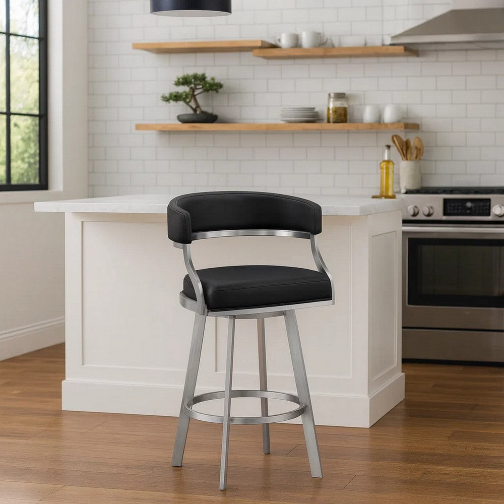 Barstool | 26" | Faux Leather Swivel | Curved Seat | Silver & Black