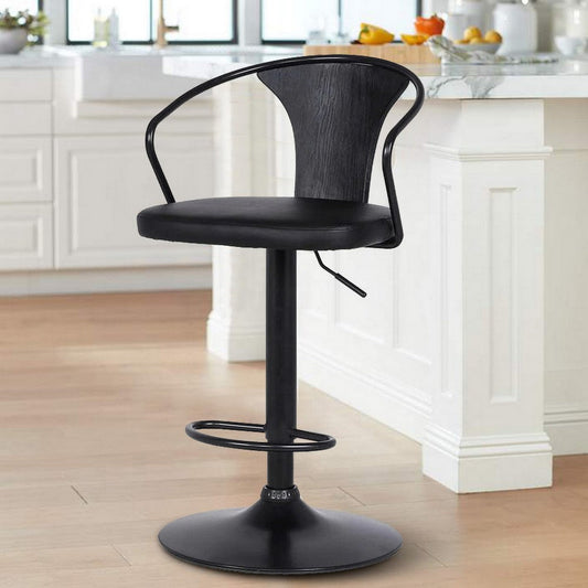 Barstool | Faux Leather Swivel | Adjustable Height | Curved Back | Black