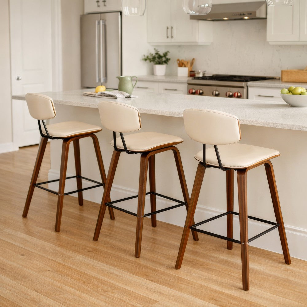 28.5 Inches Contoured Seat Leatherette Barstool, Cream