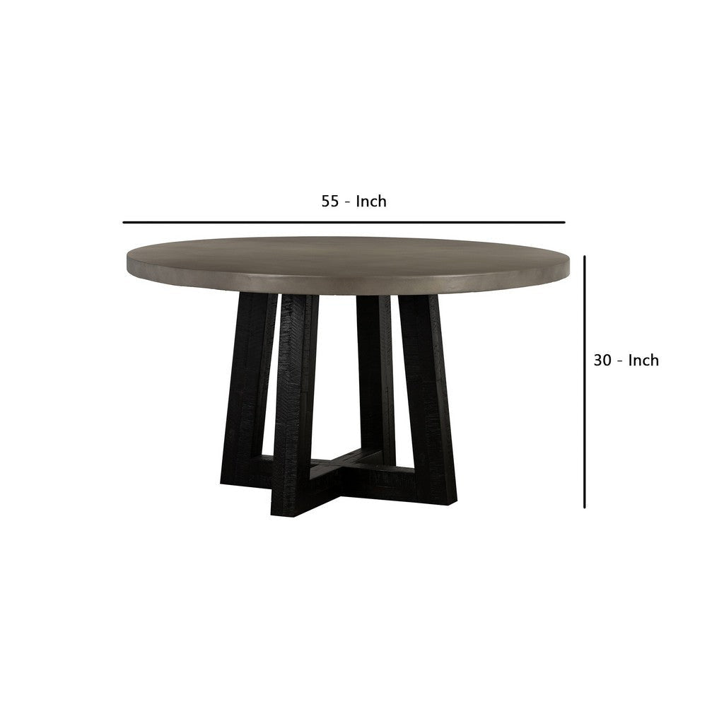 55 Inches Round Concrete Top Dining Table Gray and Black By Casagear Home BM236671