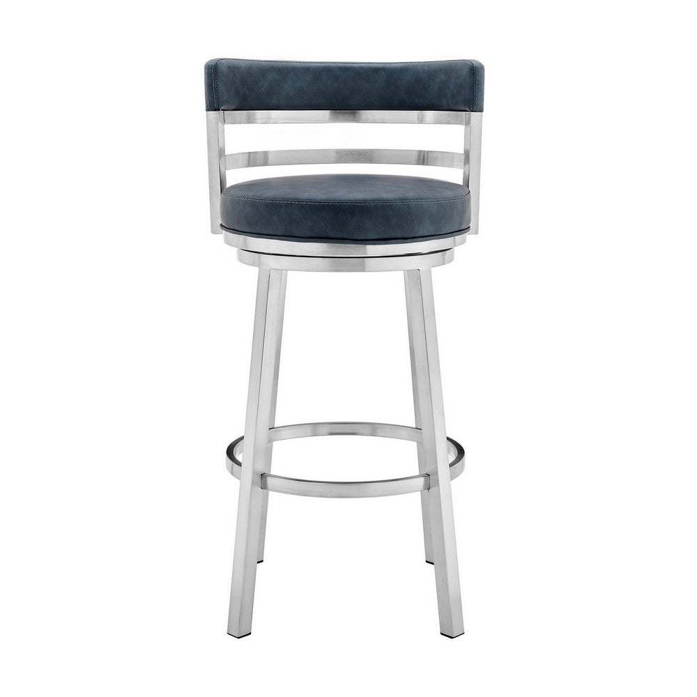 26 Inch Leatherette Counter Height Barstool, Silver and Blue