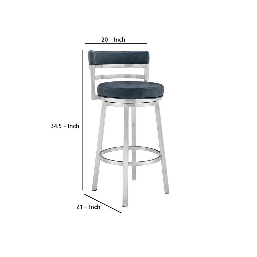 26 Inch Leatherette Counter Height Barstool, Silver and Blue