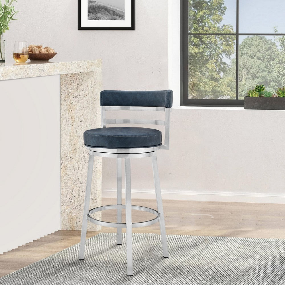 26 Inch Leatherette Counter Height Barstool, Silver and Blue By Casagear Home
