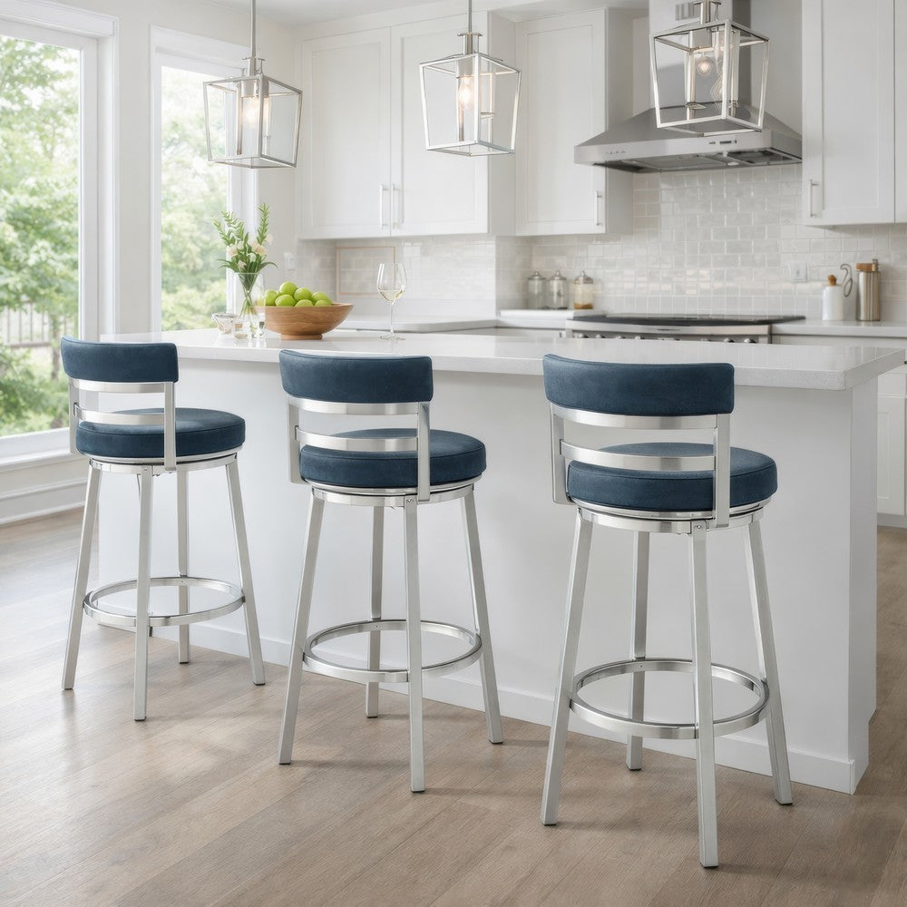 26 Inch Leatherette Counter Height Barstool, Silver and Blue