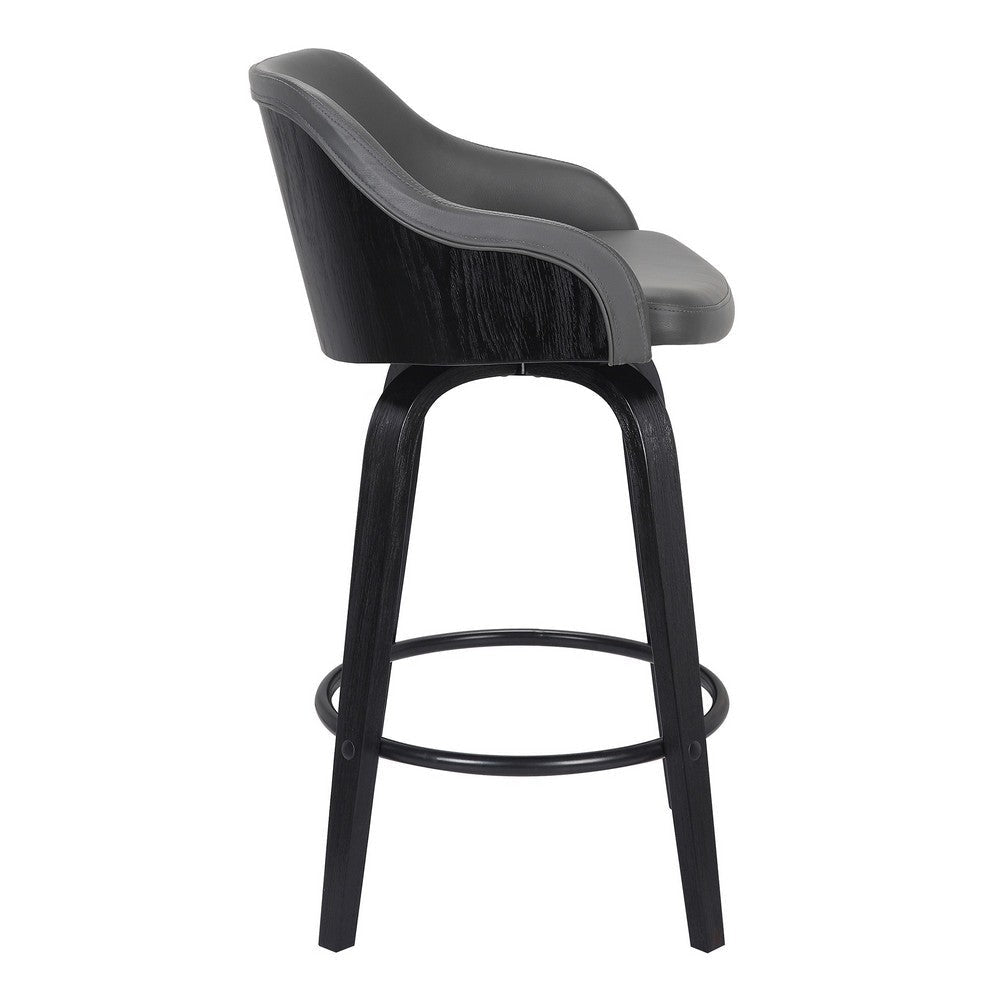 26 Inch Wooden and Leatherette Swivel Barstool Black and Gray By Casagear Home BM236781