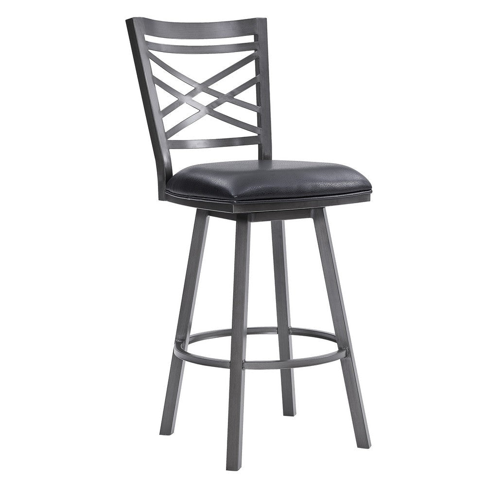 26 Inches Metal Cross Back Counter Barstool with Leatherette Seat Gray By Casagear Home BM236799