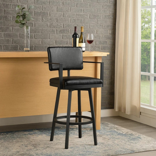 Barstool | Faux Leather | Lumbar Back with Arms | SS Legs | Black