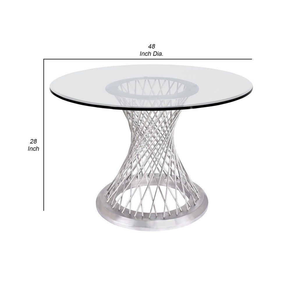 Round Glass Top Dining Table with Metal Mesh Base Silver By Casagear Home BM236992