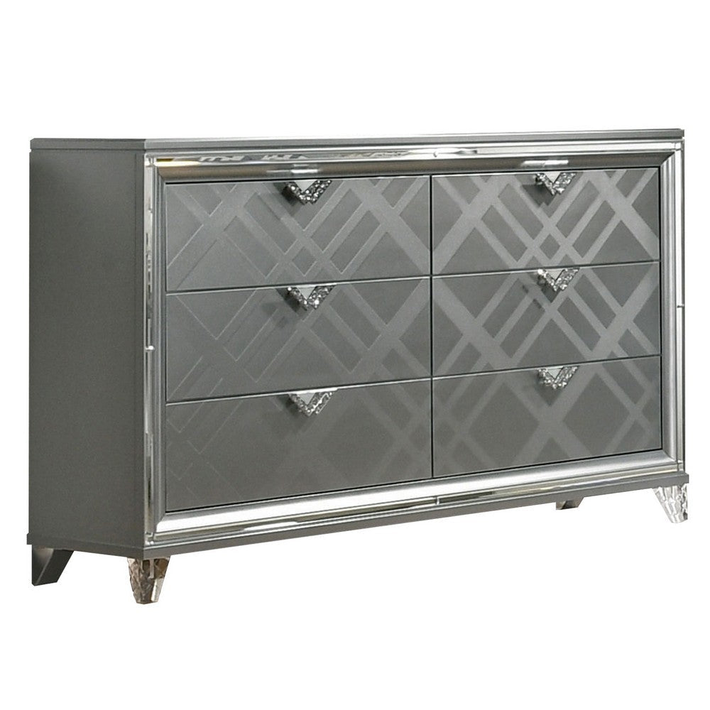Dresser | 6 Drawer | Wood | Acrylic Feet | Silver