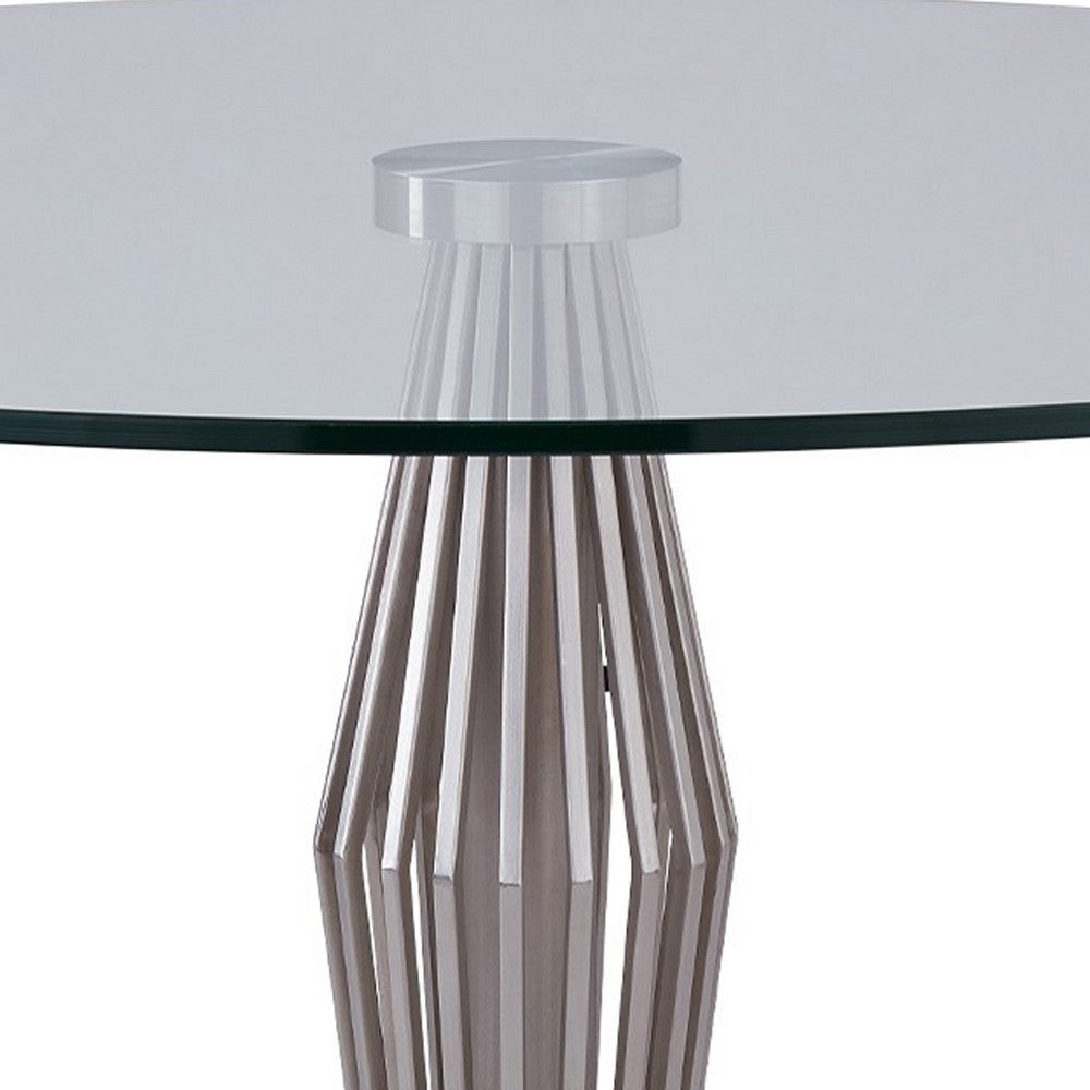 Round Glass Top Dining Table with Geometric Pedestal Base Silver By Casagear Home BM237224