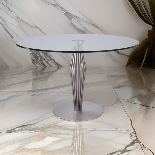 Dining Table | Round Glass Top | Geometric Pedestal Base | Silver