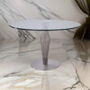 Dining Table | Round Glass Top | Geometric Pedestal Base | Silver