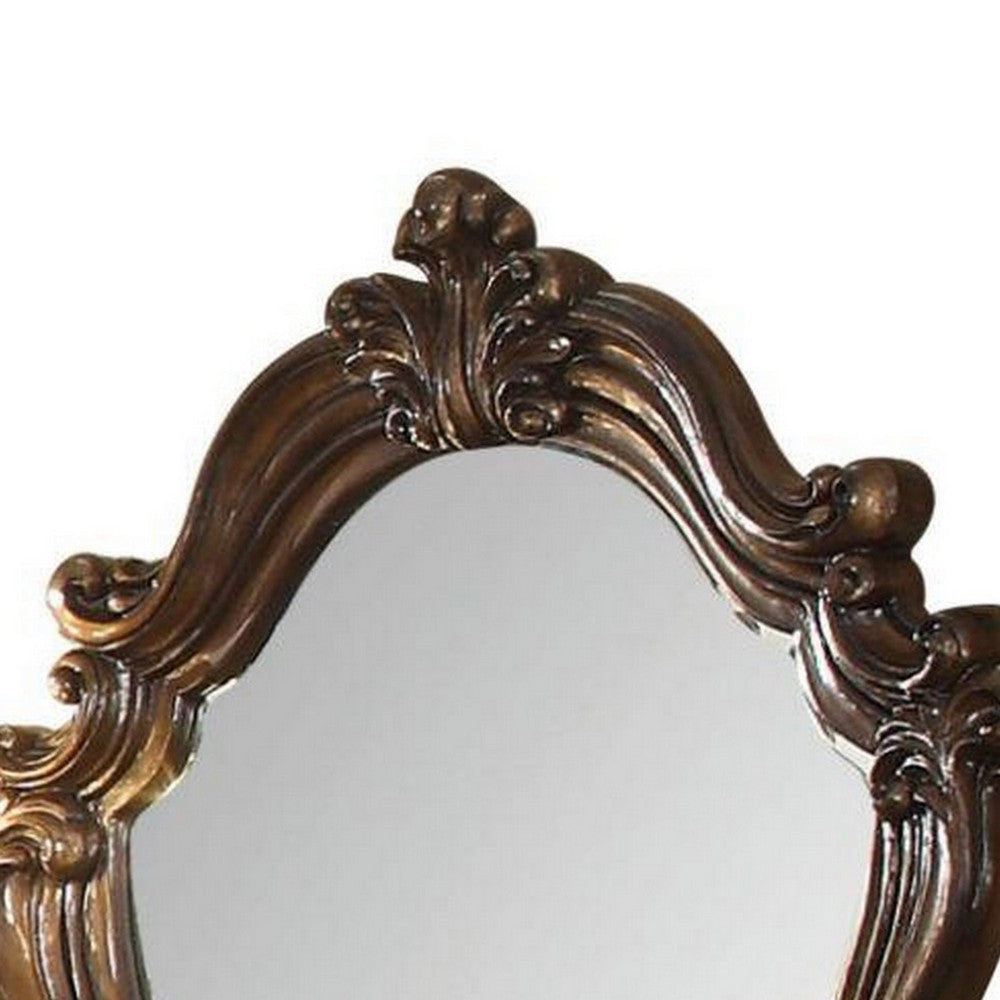 Scroll and Molded Wooden Mirror with Carved Details Cherry Brown BM238098