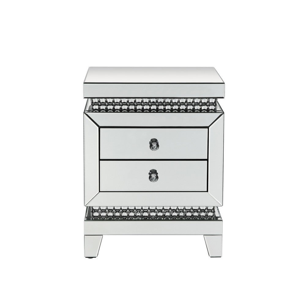 2 Drawer Mirror Inlay Accent Table with Faux Crystal Accents Silver BM238107